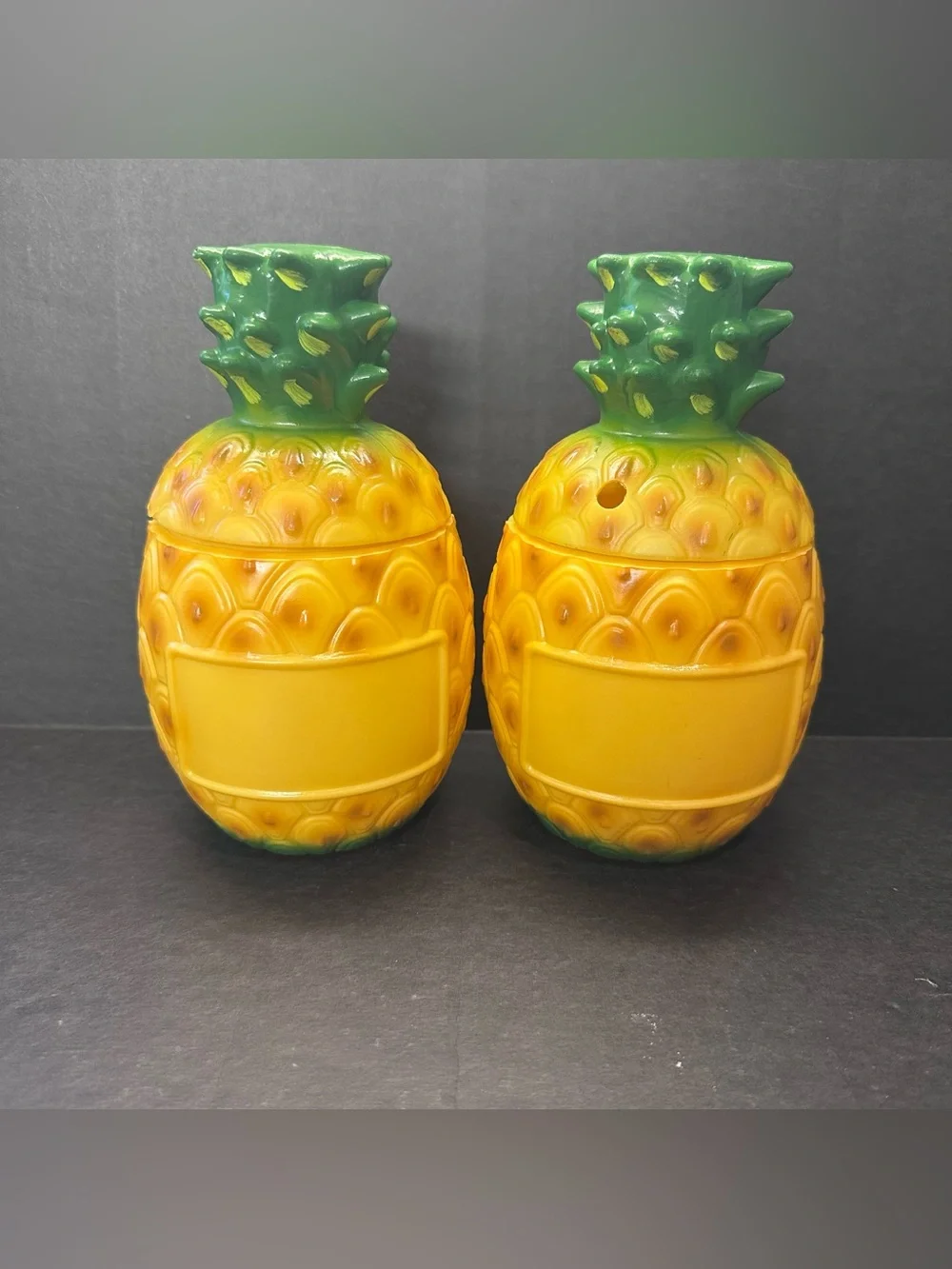 2 Vintage Pineapple Plastic Coin Bank Tumbler Cups Progressive Glass Tiki DIY